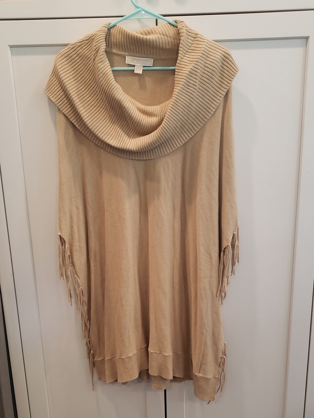Michael Kors Camel Ribbed Cowl Sweater with Fringe